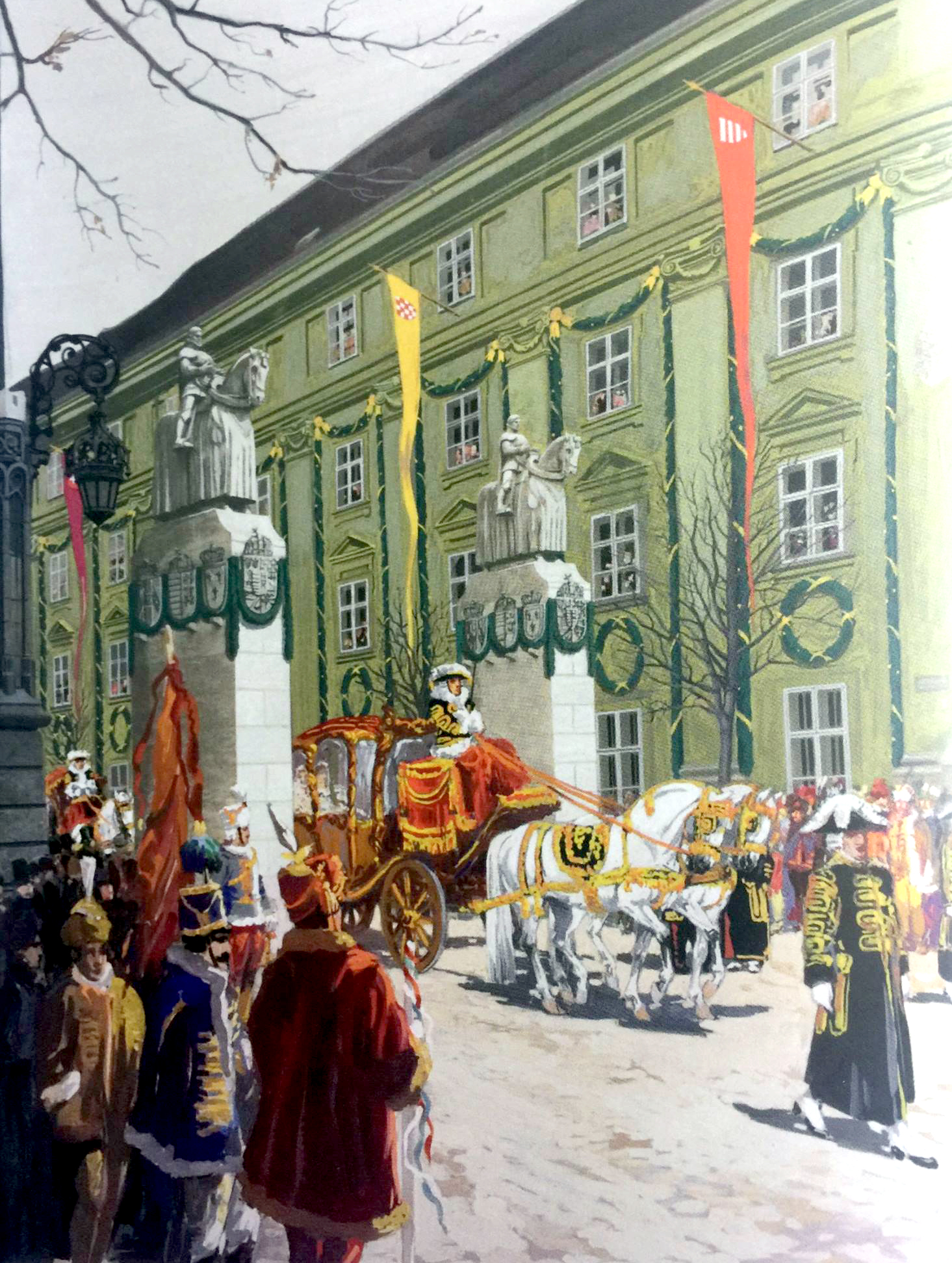 A Werbőczy (ma Táncsics) utca az útzáró pilonokkal (Forrás: Maczó Ferenc: Az utolsó magyar királykoronázás)