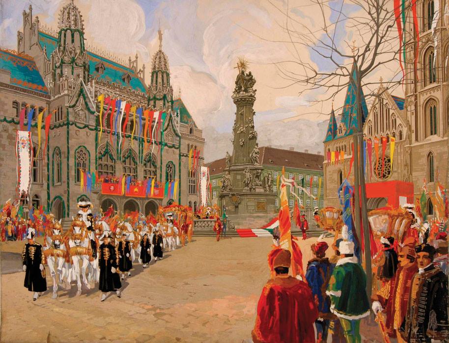 A koronázási ünnepségére feldíszített Szentháromság tér a királyi díszfogattal és királyi hercegi díszhintókkal (Forrás: Facebook)