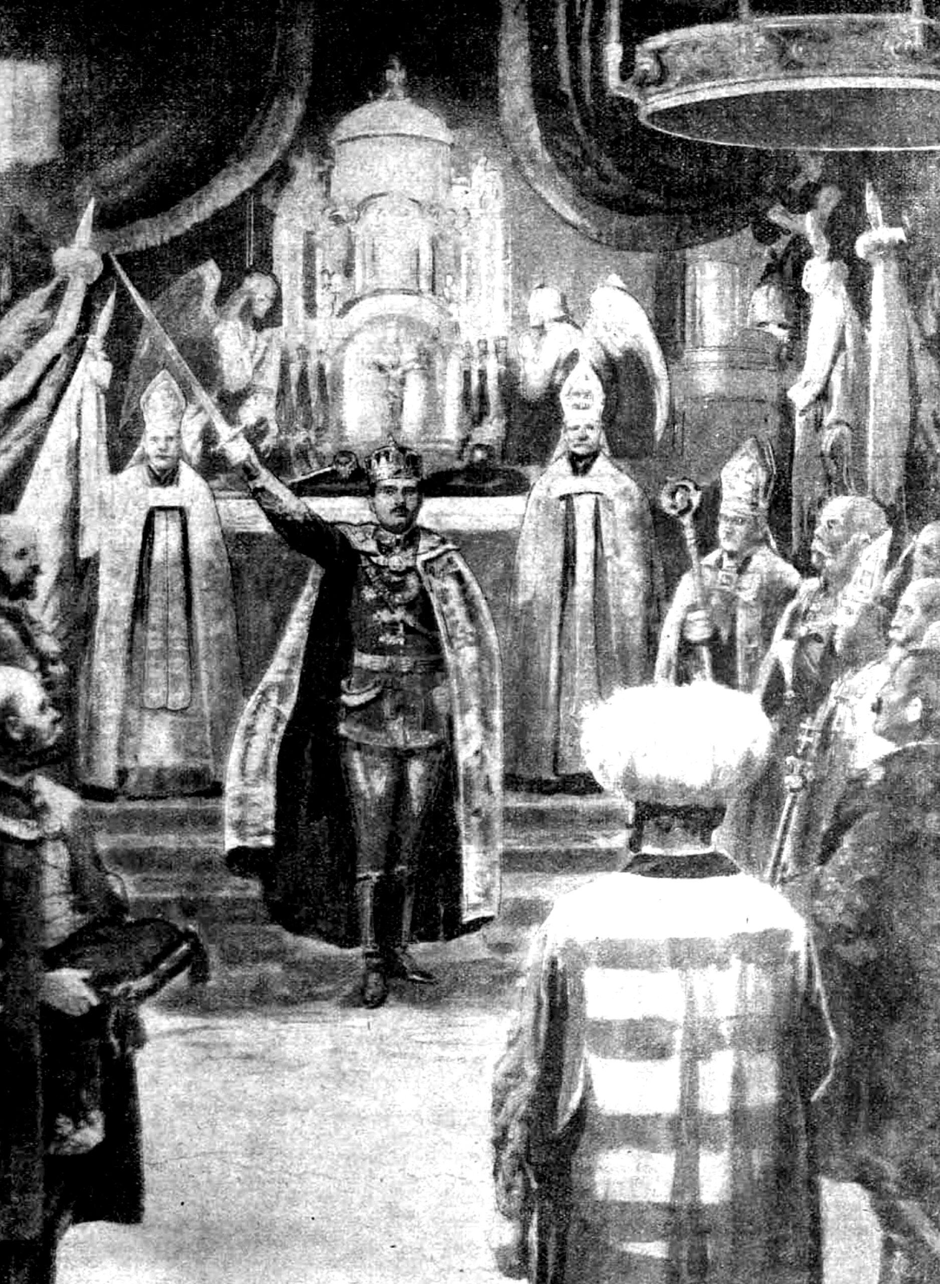IV. Károly keresztvágást végez Szent István kardjával a templomban (Forrás: Tolnai Világlapja)