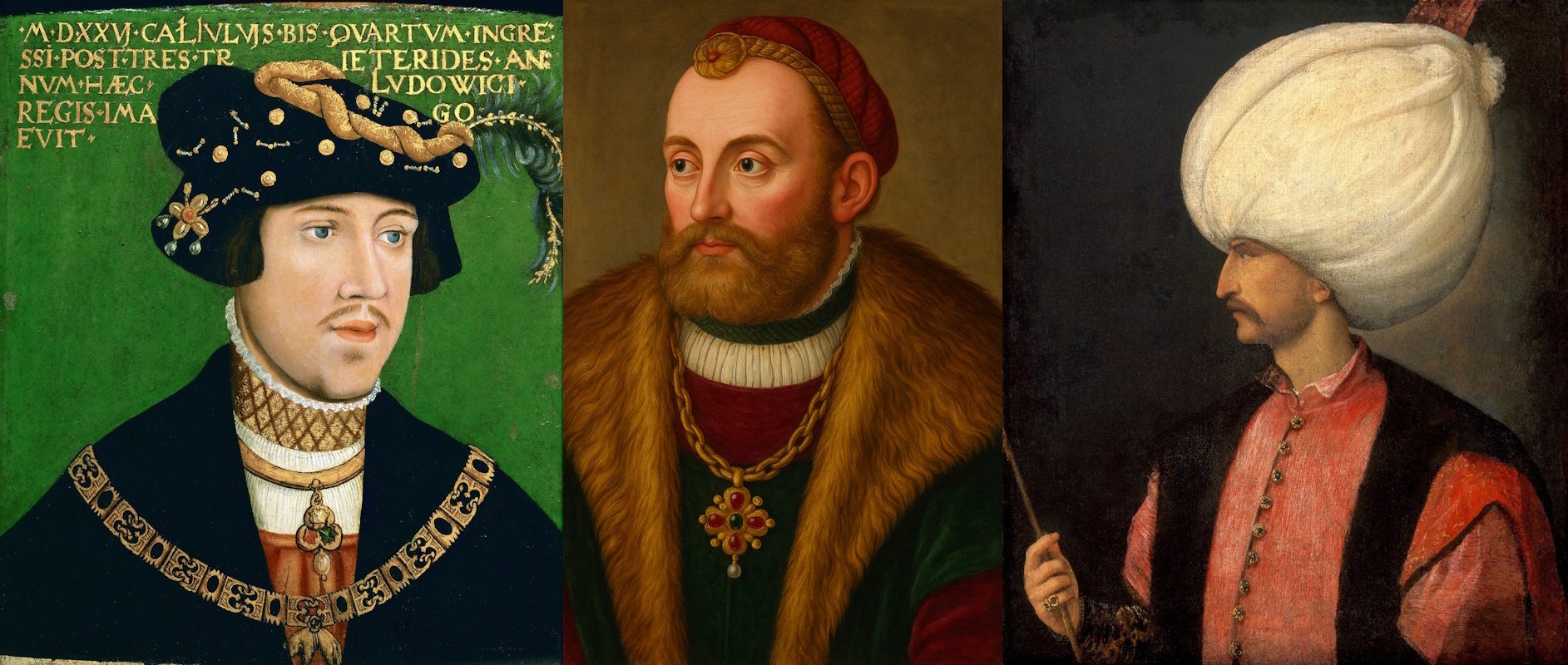 Az 1526-os mohácsi csata három főszereplője: II. Lajos magyar és cseh király, Szapolyai János erdélyi vajda és I. Szulejmán oszmán szultán (balról jobbra)