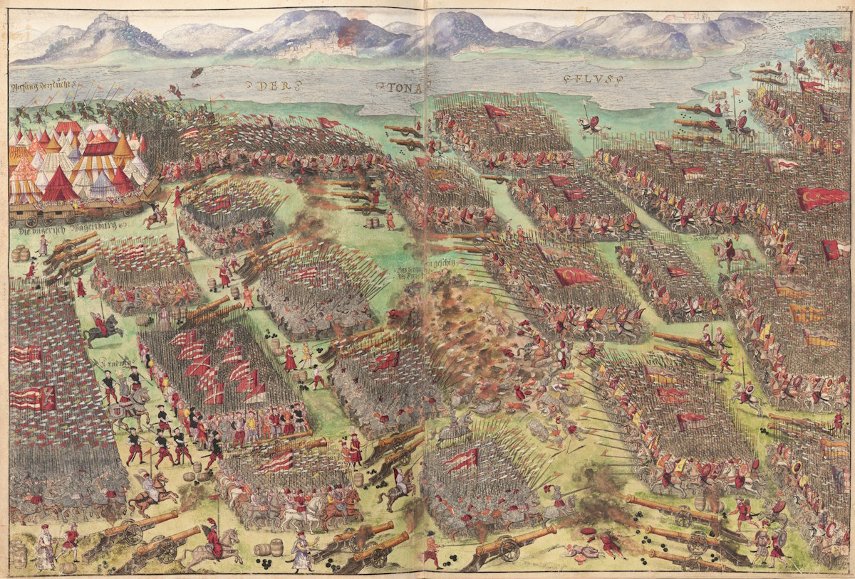 Az 1526-os mohácsi csata legrészletesebb korabeli ábrázolása egy Johann Jacob Fugger által támogatott 1555-1559 között készült krónikából (Forrás: Ehrenspiegel des Hauses Österreich)